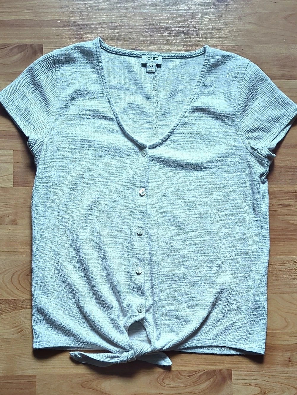 J.Crew Textured Button-Front Tie-Hem Short Sleeve Top in Gray